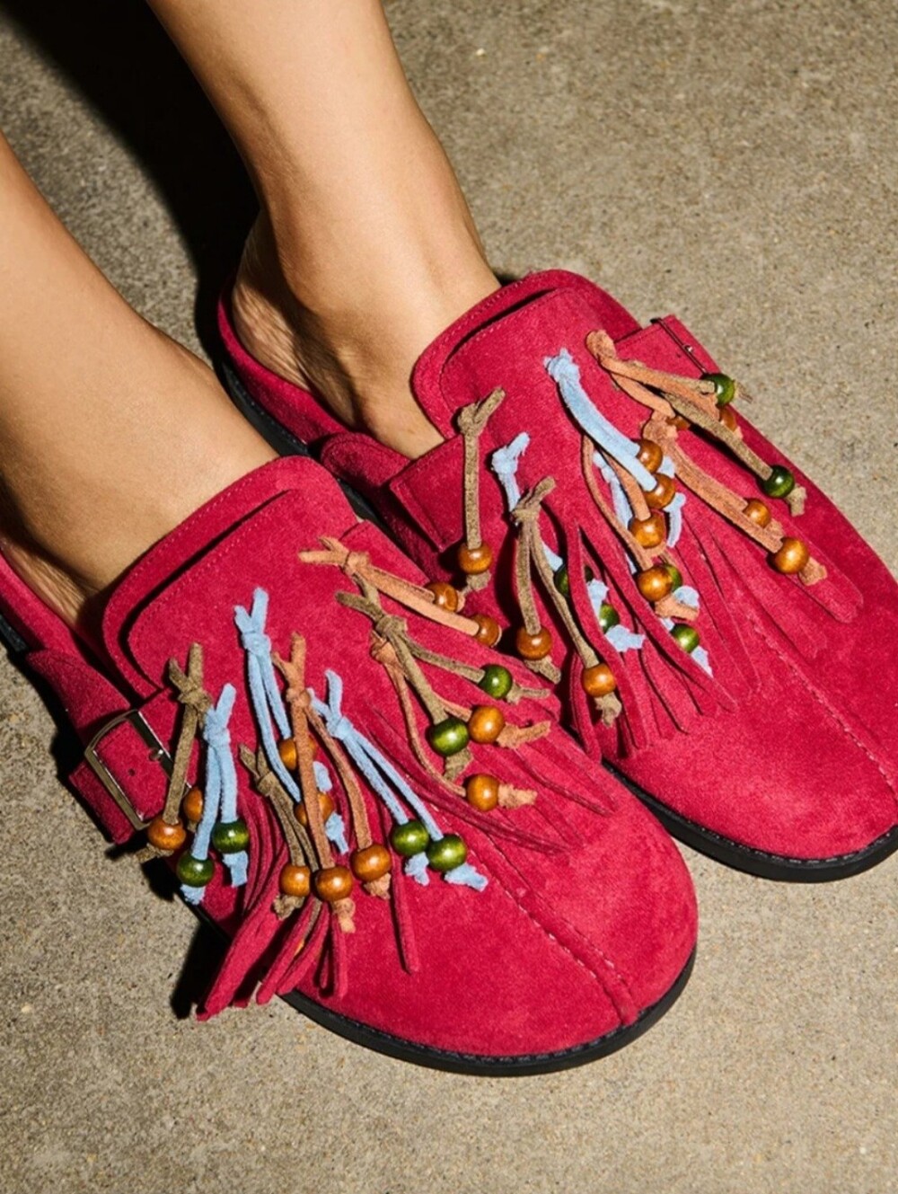 Women's Burgundy Faux Suede Fringe Slip-On Mules